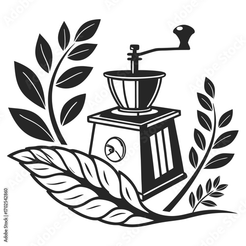 Stylized Coffee Grinder Adorned with Lush Coffee Plant Leaves and Branches manual hand crank