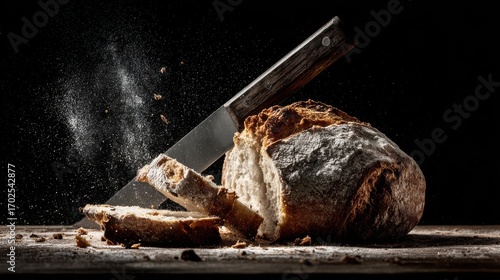 Crusty Artisan Bread Loaf Being Sliced Dramatically
