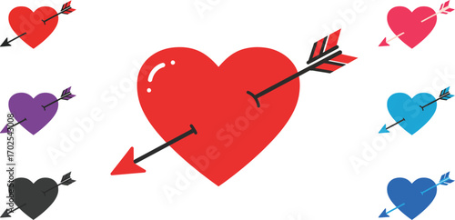 a large red heart pierced by an arrow surrounded smaller hearts