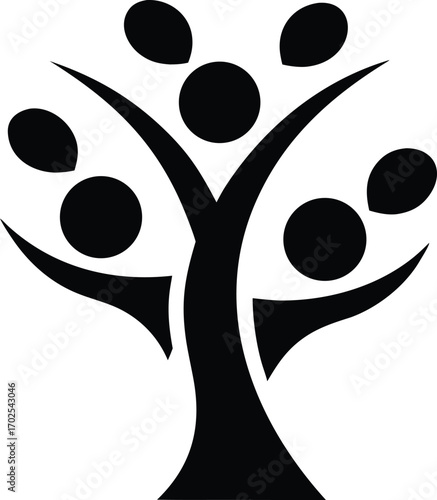 Abstract family tree icon featuring human figures and round leaves on transparent backdrop