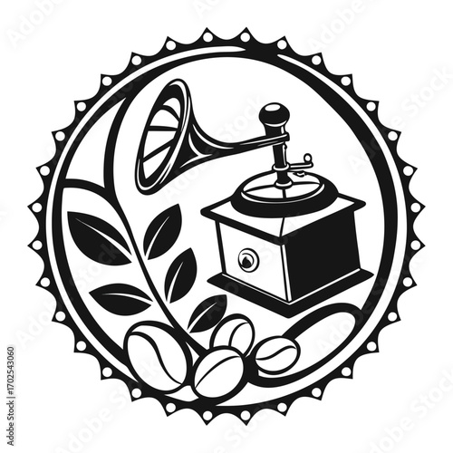 Vintage Coffee Grinder and Coffee Plant Branch Emblem with Gramophone Horn Keywords: coffee, grinder, vintage, coffee plant, branch, leaves, berries, beans, emblem, seal, logo, illustration, black