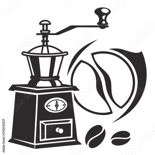 Vintage manual coffee grinder with coffee beans and stylized coffee bean logo on white background