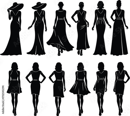 Elegant women silhouette in fashion dresses, walking poses, black vector illustrations for boutique, clothing design, fashion show, beauty concept