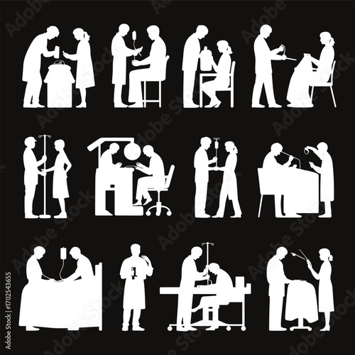 Silhouette of doctors and nurses caring for patients, medical treatment, healthcare, hospital scenes, intravenous drip, consultation, patient care, medical staff, teamwork, health, hospital room.