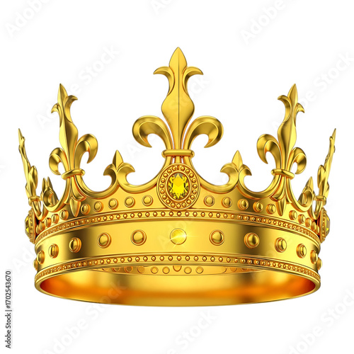 Ornate gold crown symbolizing royalty power and majesty isolated on transparent background
