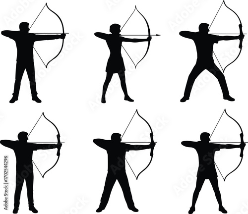 Silhouettes of Archers Aiming with Bows and Arrows in Various Stances Isolated on White Background for Sports and Target Practice Concepts