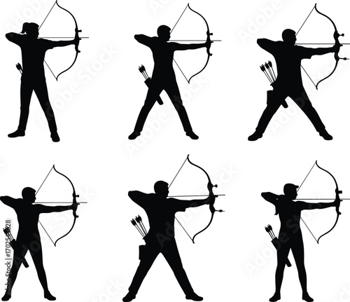 Silhouettes of Archers with Arrows in Quivers Aiming Bows in Various Stances Isolated on White Background for Archery and Sport Concepts