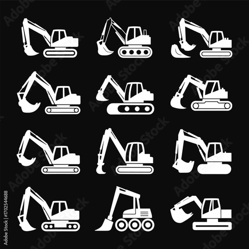 Silhouette of excavators, construction machinery, heavy equipment, digging machines, earthmoving vehicles, industrial tools, construction site, engineering 