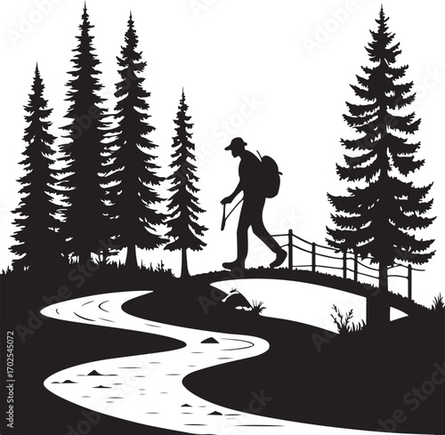 Silhouette of a hiker with a backpack walking along a winding path next to a stream and pine trees vector