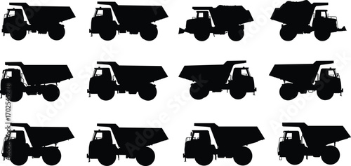 Silhouette of construction dump trucks, heavy machinery in black, various angles and perspectives, ideal for construction, industry, engineering, silhouette designs, perfect for illustrations
