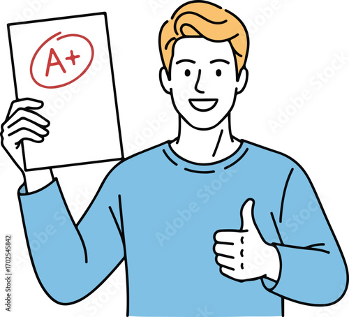 Man holding an A+ paper and giving a thumbs up student grade