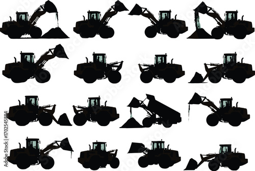 Full black silhouette construction loader in various action poses with dirt and sand, heavy machinery, earth-moving, digging, truck loading, lifting, detailed design, vector illustration