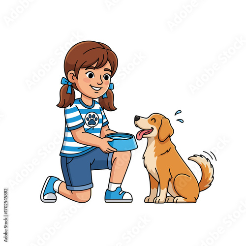 Charming cartoon illustration of a little girl with pigtails kneeling to give food to her beloved and happy pet dog