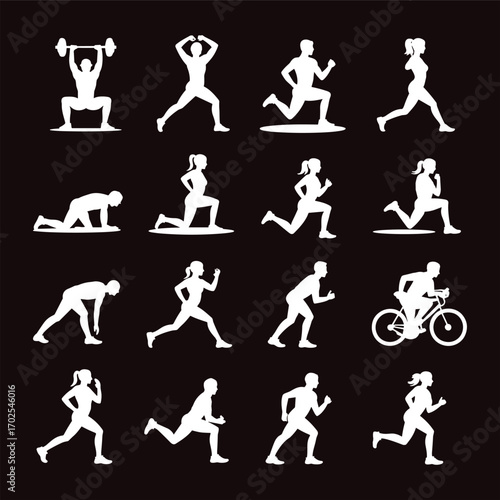 Silhouette of fitness activities, men and women running, cycling, weightlifting, exercising, workout, athletic training, cardio, strength training, outdoor s.