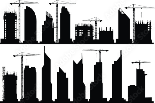 Construction site silhouette with cranes, urban city skyline buildings, workers, skyscrapers, architecture, building development, high-rise construction, cranes at work, black and white vector design