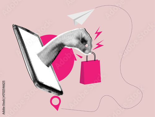 Modern halftone collage with smartphone and hand holding package,online shopping concept,fast delivery and e-commerce background