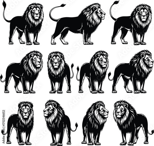 Lion silhouette vector set, majestic male lion poses, wild animal illustration, big cat graphic, roaring lion character design collection