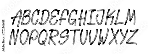 Uppercase English alphabet in a textured grunge brush style, hand-drawn in black on a white background. Handwritten alphabet, each letter written with a brush. Bold, italic style. Vector typeface