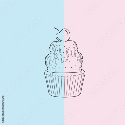 Cupcake Outline Cherry On Top With Melted Dripping Chocolate And Sprinkles Vector Illustration