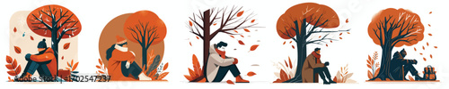 vector of a person sitting pensively under a tree in autumn