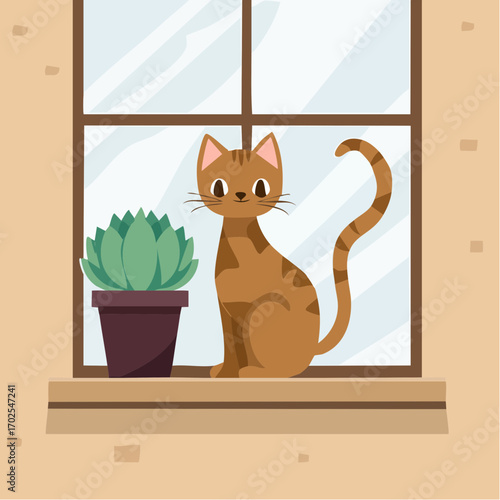 Cute Tabby Cat and Succulent on Windowsill