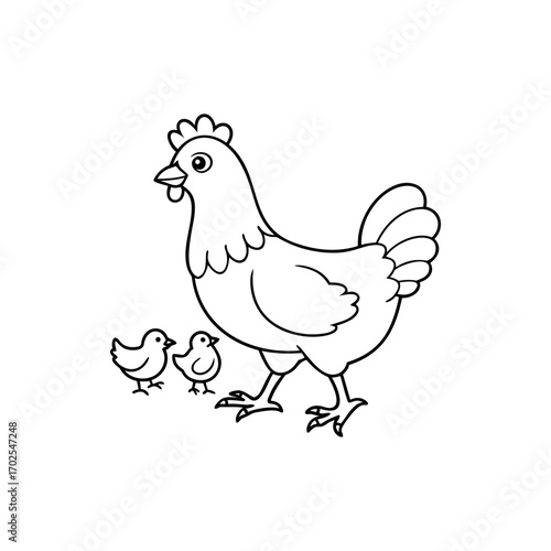 Delightful cartoon mother hen and her two small baby chicks together
