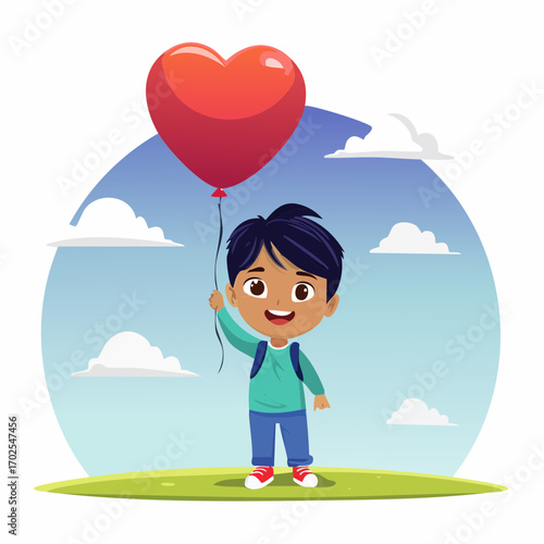 Joyful child with heart balloon dreams of adventure, embracing bright sunny day outdoors