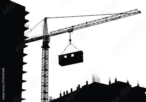 Construction Crane Lifting Steel Frame Building Module, Full Black Silhouette, High Contrast Industrial Architecture with Building Structure, City Skyline Background