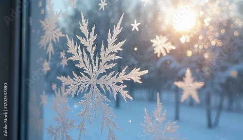 Stunning frost patterns form delicate snowflakes on a window pane with warm sunlight streaming through.