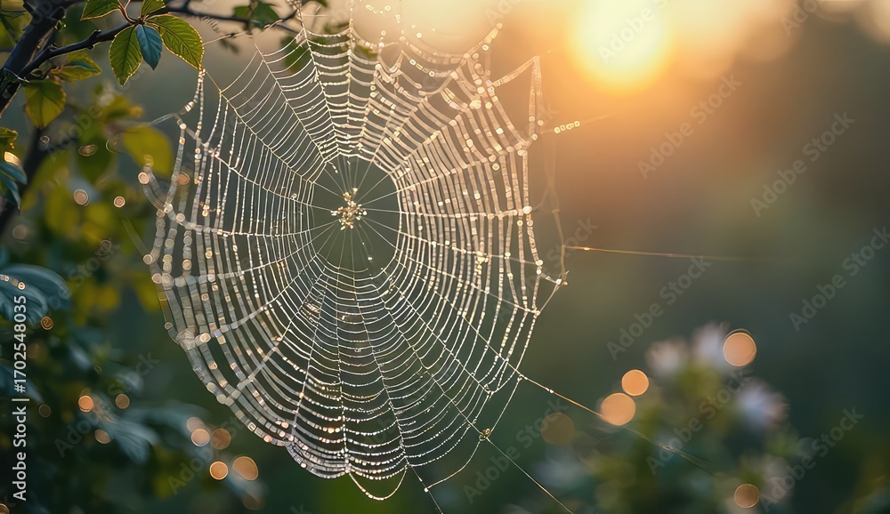 Dewdrops sparkle on intricate spiderweb catching golden sunrise light, nature's delicate art. Dewdrops sparkle on intricate spiderweb catching golden sunrise light, nature's delicate art.