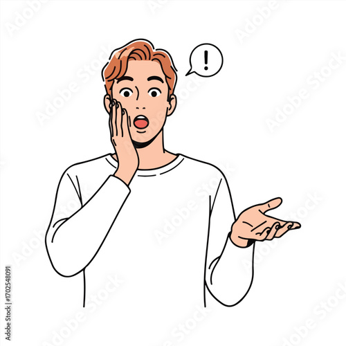 Surprised man with exclamation mark in speech bubble on white background shocked amazed