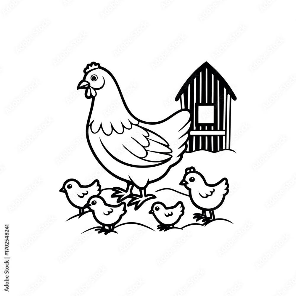 Fototapeta premium A protective hen with her baby chicks standing near a chicken coop