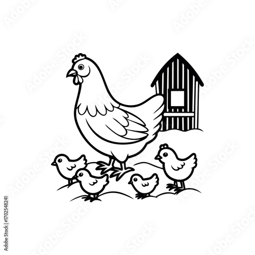 A protective hen with her baby chicks standing near a chicken coop
