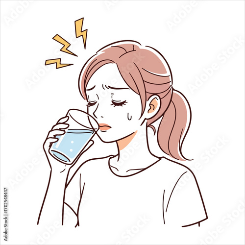 Woman drinking water with lightning bolt symbols indicating headache glass