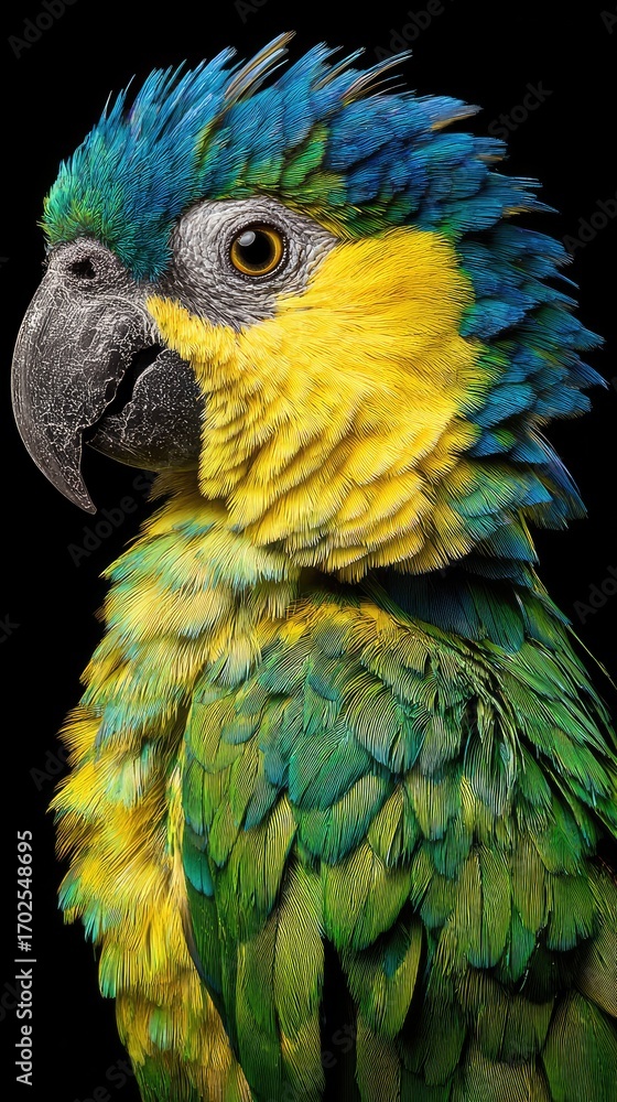 Obraz premium A vibrant close-up portrait of a parrot, showcasing the intricate detail of its colorful plumage against a dark backdrop.