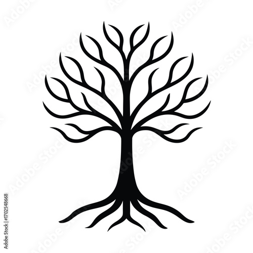 Stylized tree silhouette with spreading roots for banners and advertisements