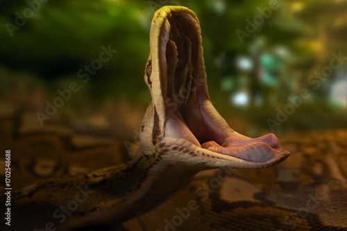 The reticulated python (Malayopython reticulatus), a large snake with its mouth open and a green background. Typical pose of a snake yawning.