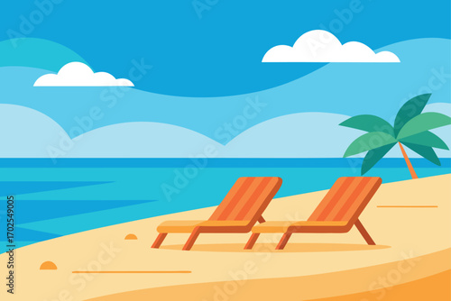Summer Vacation Loungers on Beach Landscape