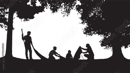 Silhouette of a family setting up a tent in a forest clearing Keywords: family, camping, tent, setting up, forest, trees, clearing, nature, outdoor, recreation, activity, children, parents