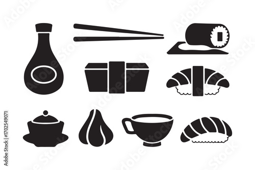 Collection of black and white sushi and japanese food icons