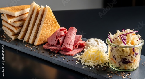 Pastrami on Rye with Coleslaw and Cheese.