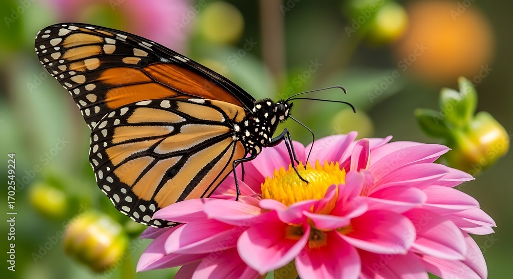 Fototapeta premium Monarch Butterfly on Pink Dahlia Flower.