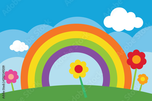 Wildflower Meadow under Rainbow Sky