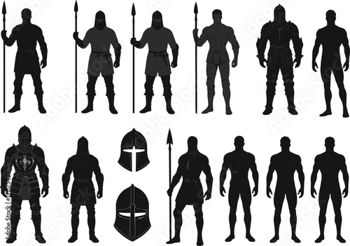 Medieval warrior silhouettes, ancient knight armor, spear soldier vector, historical male figures, fantasy warrior design, black silhouette characters set