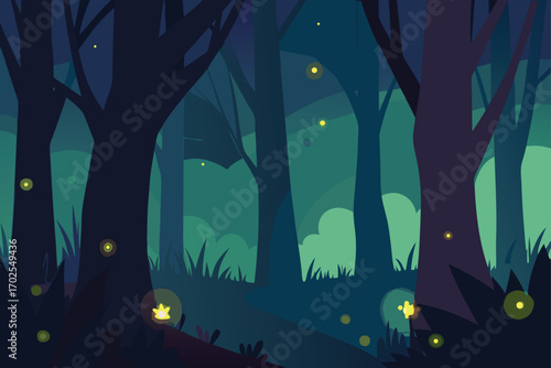 Twilight Forest with Glowing Fireflies