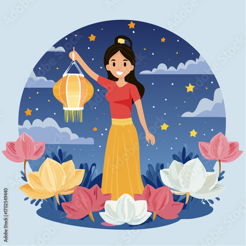 Joyful woman celebrates festival night with lantern and lotus flowers under starry sky