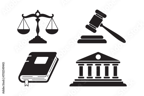 Four black icons representing justice law and legal system