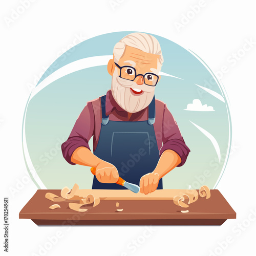 Smiling artisan carving wood with a chisel at his workshop, creating a masterpiece