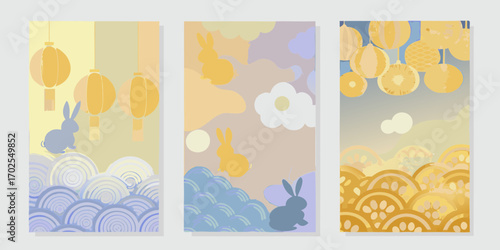 Three panels featuring stylized rabbits and lanterns with abstract nature elements in pastel colors