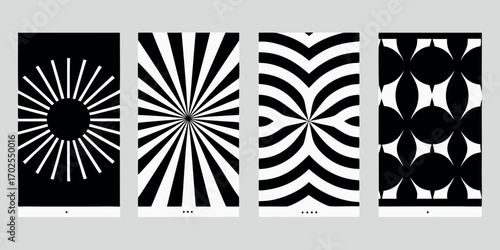Four abstract black and white geometric patterns featuring sunbursts and optical illusions